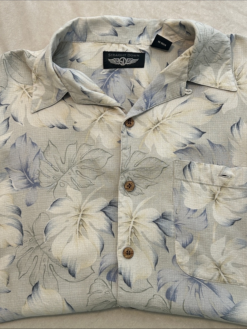 Straight Down Short Sleeve Floral Palm Leaf Silk Resort Camp Shirt Gray Blue Men